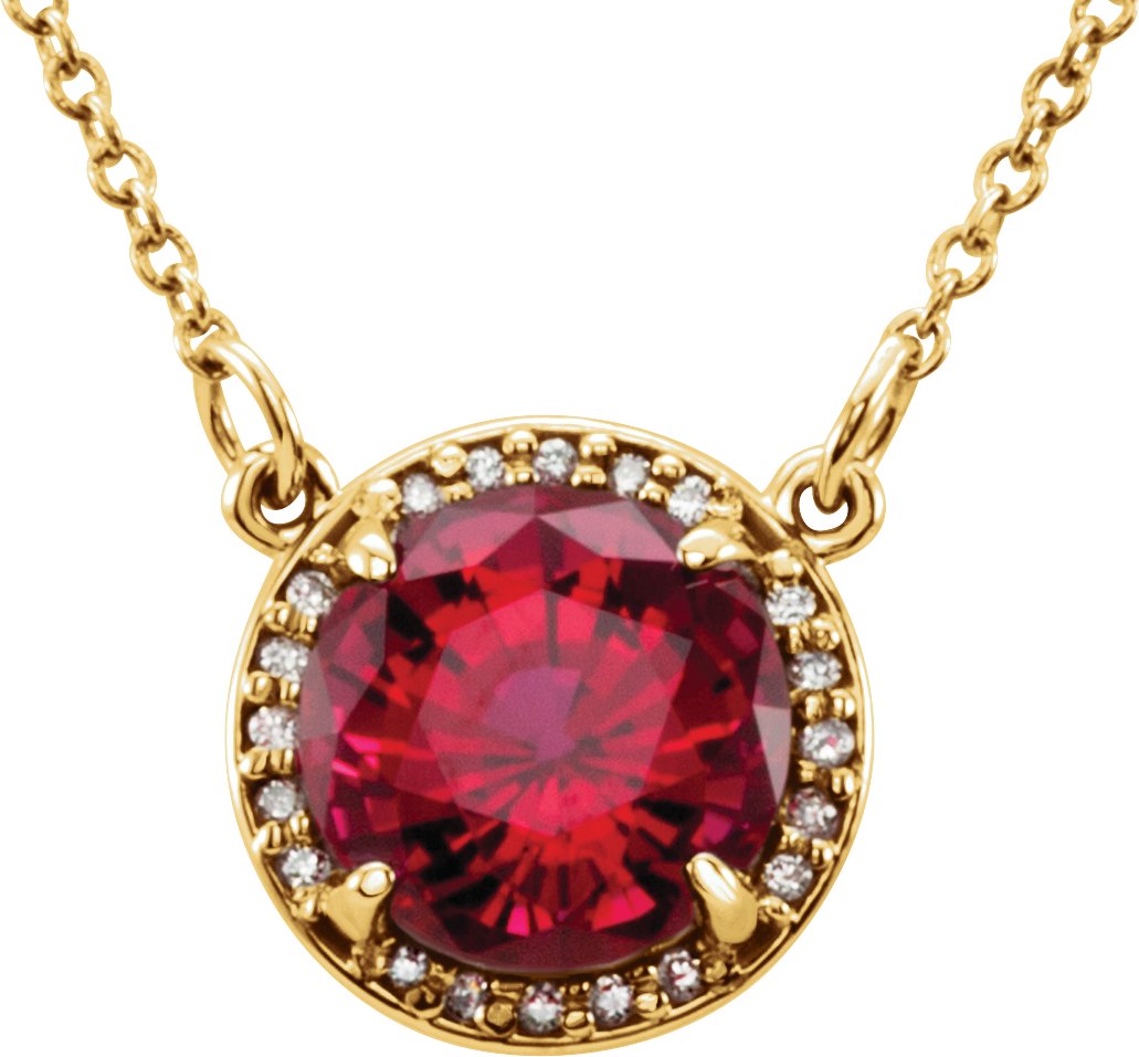 14K Yellow 7 mm Round Chatham Created Ruby and .04 CTW Diamond 16 inch Necklace Ref 13127168