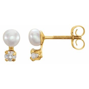 14K Yellow Freshwater Cultured Pearl and Cubic Zirconia Earrings Ref. 14967623