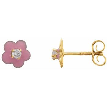 14K Yellow 2 mm Round Cubic Zirconia Youth Pink Enamel Flower Earrings Ref. 14967627