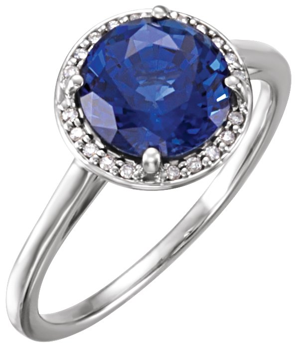 14K White Chatham® Lab-Created Blue Sapphire & .05 CTW Diamond Ring