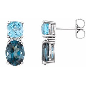 14K White Natural London Blue Topaz, Natural Swiss Blue Topaz & .03 CTW Natural Diamond Earrings