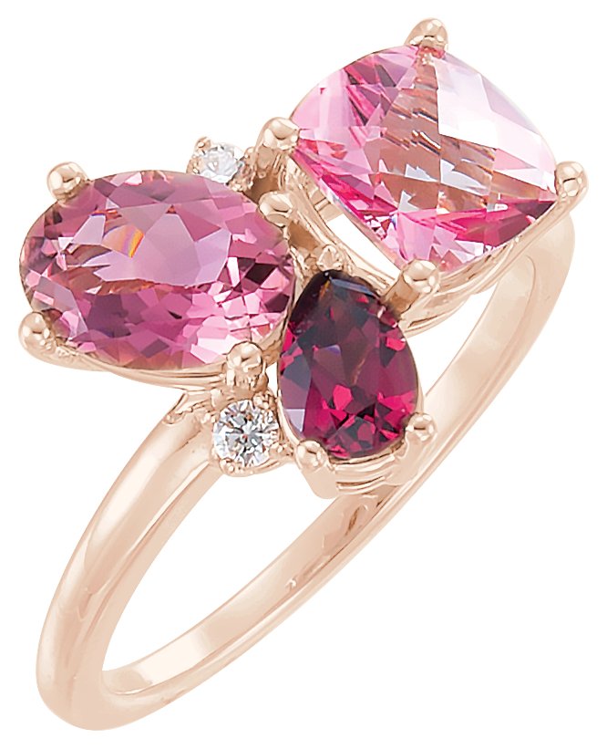14K Rose Multi-Gemstone & .05 CTW Diamond Cluster Ring 