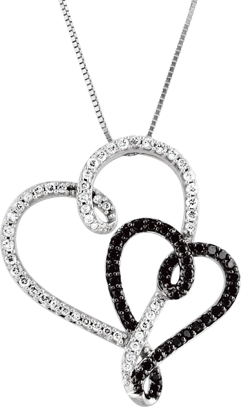 14K White & Black Rhodium Plated 1/2 CTW Black & White Natural Diamond Double Heart 18" Necklace