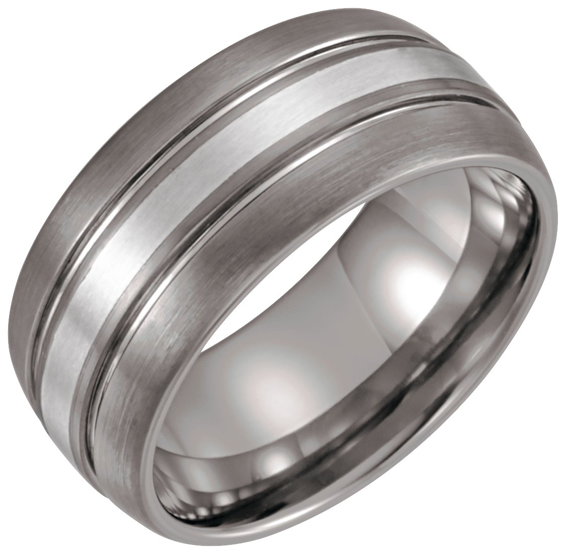 Tungsten & Sterling Silver 10 mm Slightly Domed Grooved Satin Band Size 9
