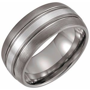Tungsten & Sterling Silver 10 mm Slightly Domed Grooved Satin Band Size 11