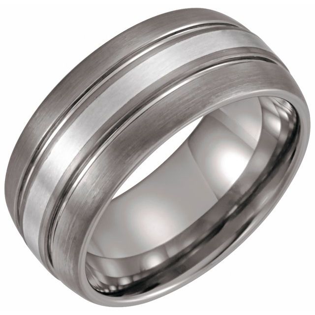 Tungsten & Sterling Silver 10 mm Slightly Domed Grooved Satin Band Size 9.5