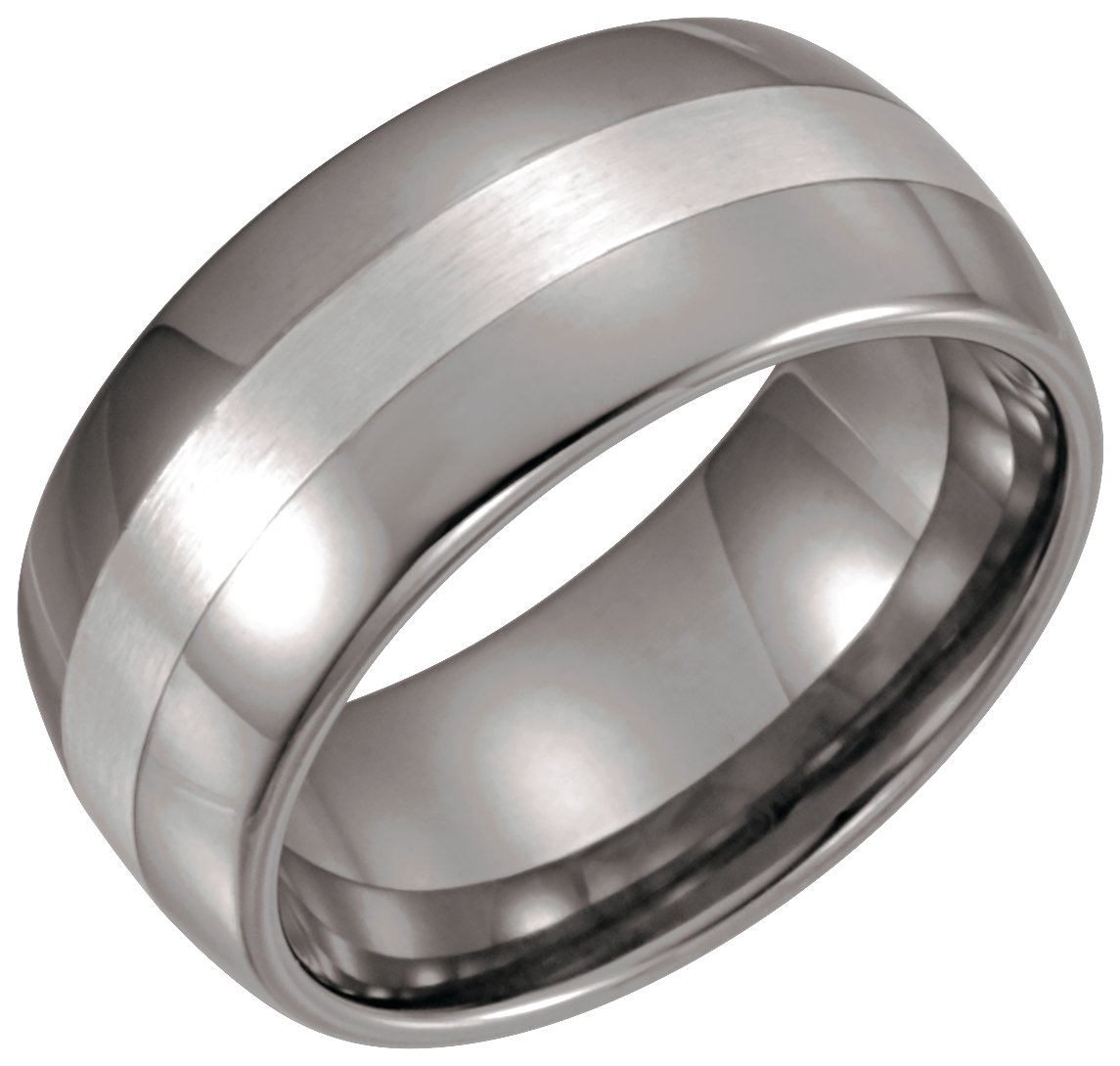 Tungsten 10 mm Domed Band with Sterling Silver Inlay Size 10.5