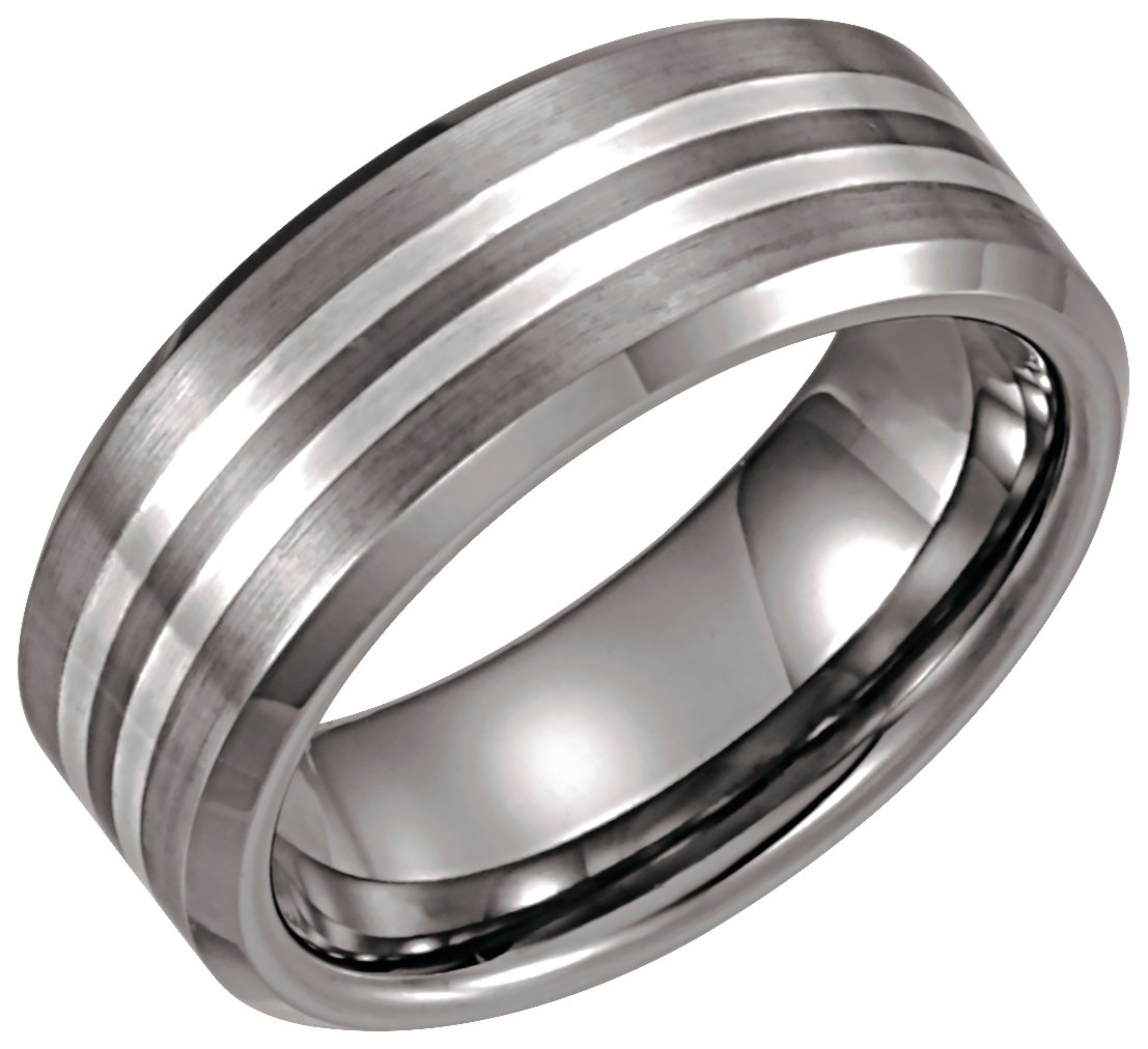 Tungsten 8.3 mm Beveled-Edge Satin Band with Sterling Silver Inlay Size 8.5