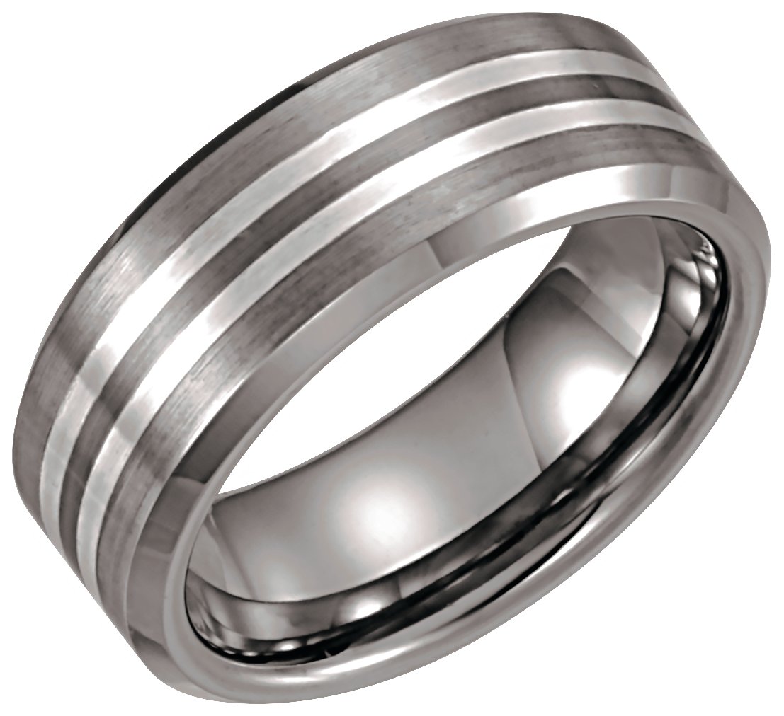 Tungsten 8.3 mm Beveled-Edge Satin Band with Sterling Silver Inlay Size 13