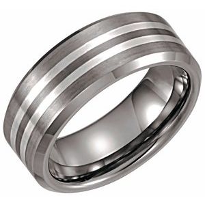 Tungsten 8.3 mm Beveled-Edge Satin Band with Sterling Silver Inlay Size 12.5