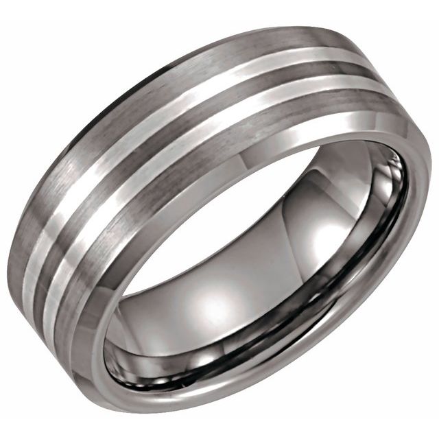 Tungsten 8.3 mm Beveled-Edge Satin Band with Sterling Silver Inlay Size 13