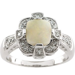 14K White Natural White Opal & 1/5 CTW Natural Diamond Ring
