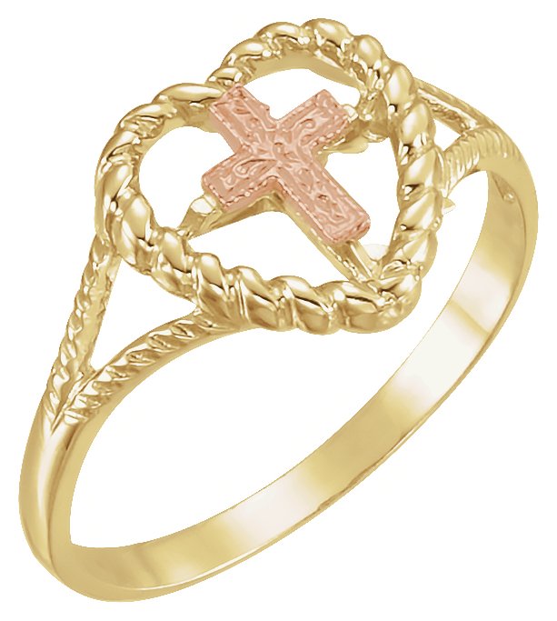 14K Yellow/Rose Heart Cross Ring 