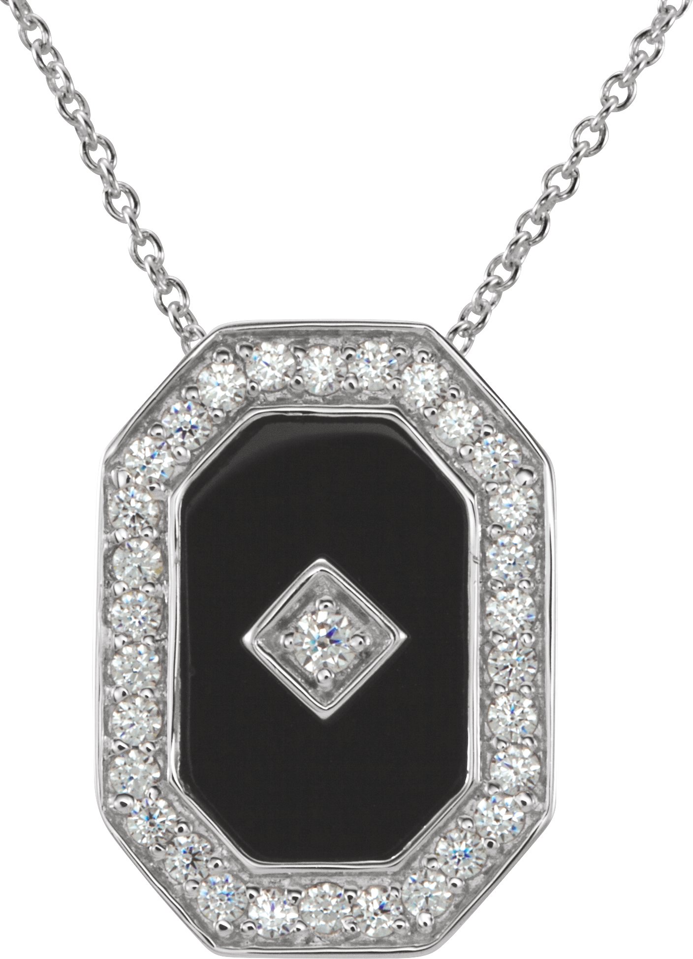 Sterling Silver Natural Black Onyx & Imitation White Cubic Zirconia Halo-Style 18" Necklace