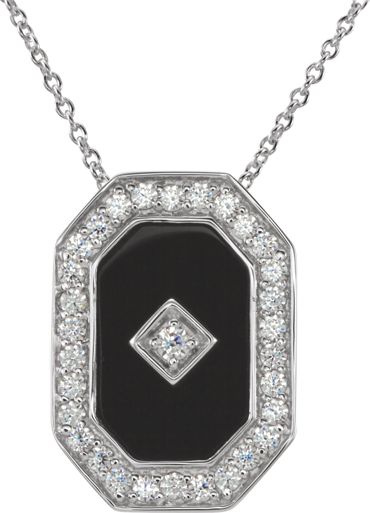 Sterling Silver Onyx and Cubic Zirconia Halo Style 18 inch Necklace Ref 2193089