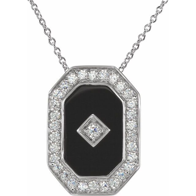 Sterling Silver Natural Onyx & Imitation White Cubic Zirconia Halo-Style 18 Necklace