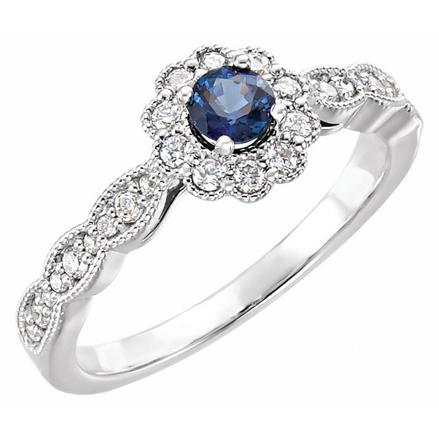 14K White Round Natural Blue Sapphire 1/4 CTW Natural Diamond Halo-Style Ring 