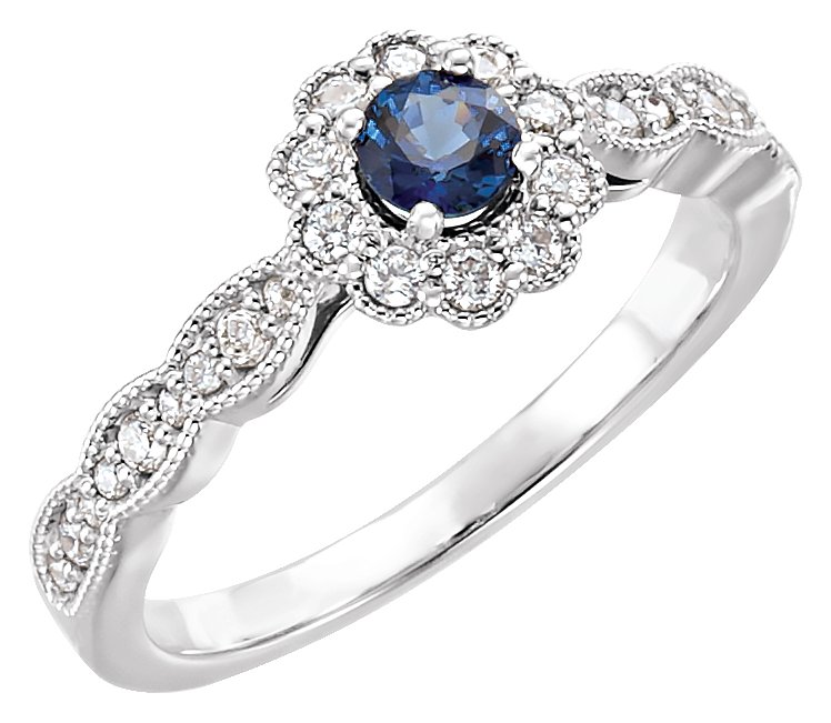 Blue Sapphire & Diamond Halo-Style Ring alebo neosadený