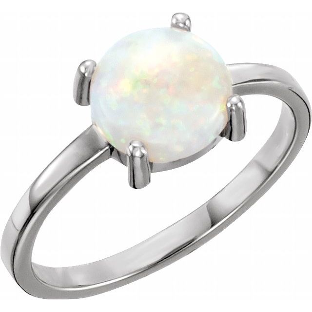 14K White 7 mm Round Natural Opal Cabochon Ring