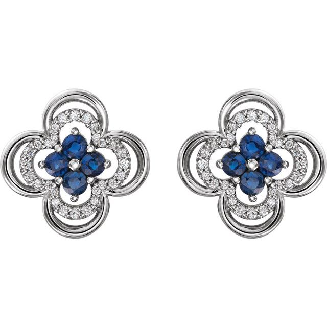 14K White Natural Blue Sapphire & 1/5 CTW Natural Diamond Clover Earrings