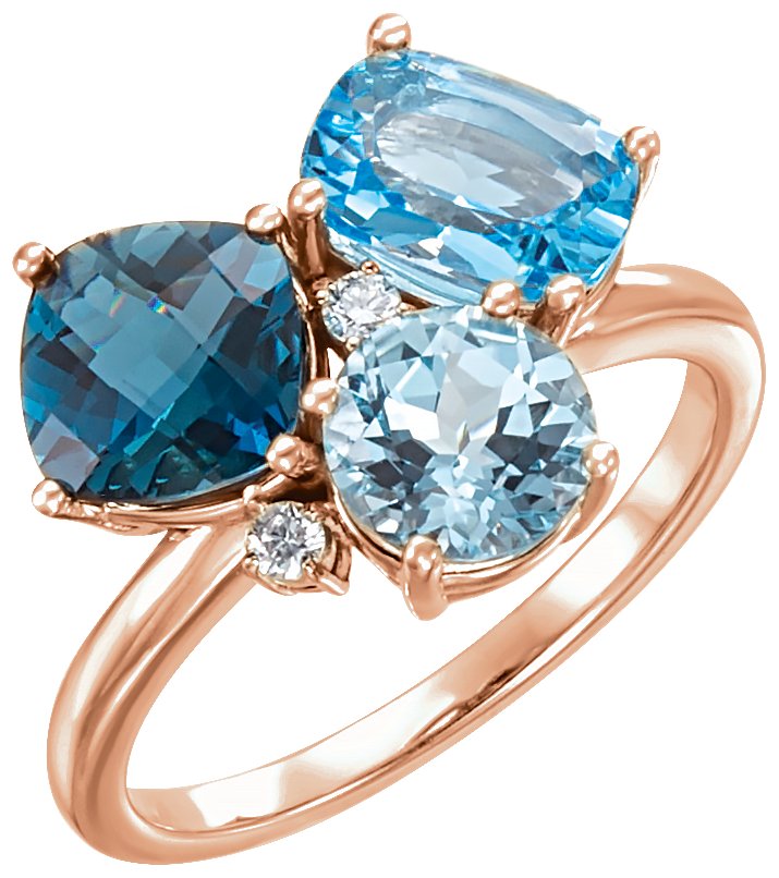 14K Rose Natural Swiss Blue, Natural London Blue, & Natural Sky Blue Topaz & .05 CTW Natural Diamond Ring