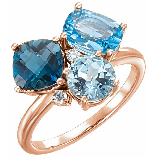 14K Rose Natural Swiss, London, & Sky Blue Topaz & .05 CTW Diamond Ring