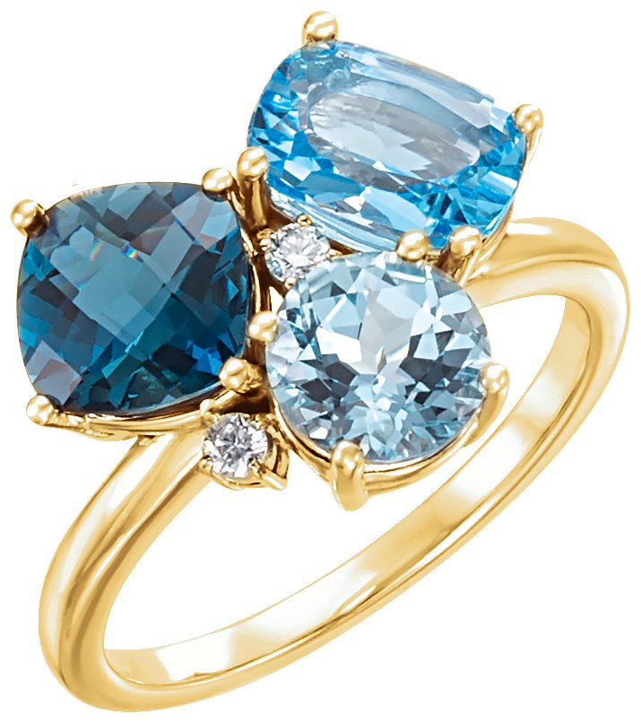 14K Yellow Natural Swiss Blue, Natural London Blue, & Natural Sky Blue Topaz & .05 CTW Natural Diamond Ring