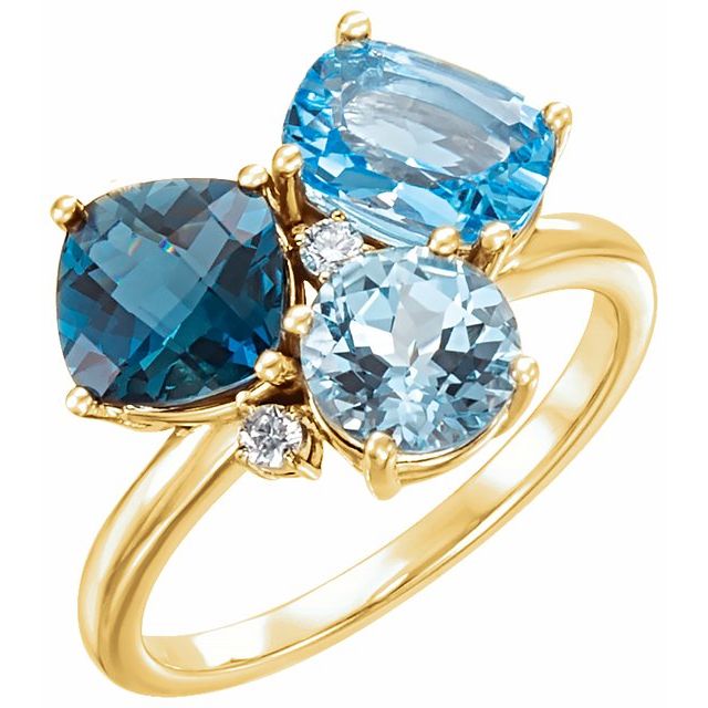 14K Yellow Natural Swiss Blue, Natural London Blue, & Natural Sky Blue Topaz & .05 CTW Natural Diamond Ring