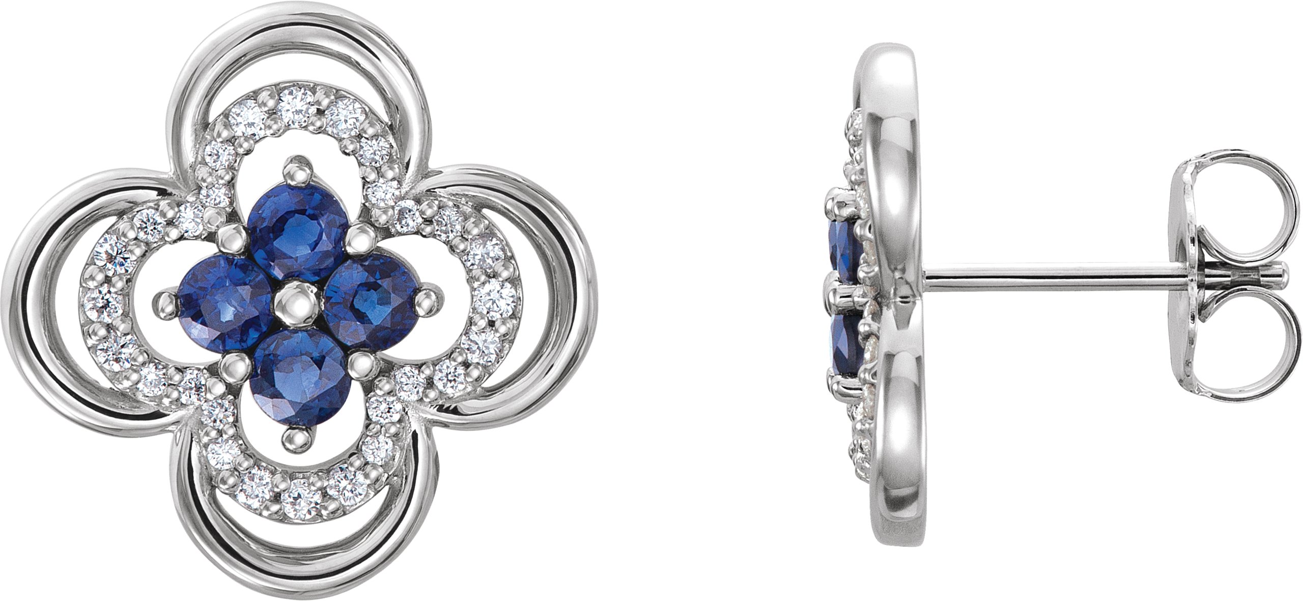 14K White Natural Blue Sapphire & 1/5 CTW Natural Diamond Clover Earrings