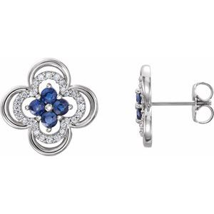 14K White Lab-Grown Blue Sapphire & 1/5 CTW Diamond Clover Earrings