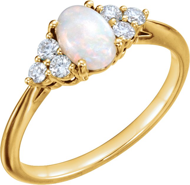 14K Yellow Natural White Opal & 1/6 CTW Natural Diamond Ring
