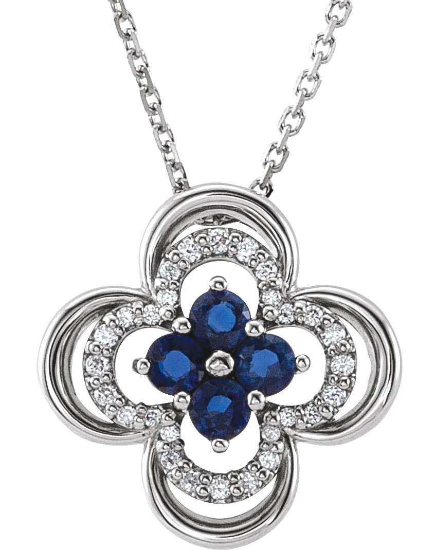 14K White Natural Blue Sapphire & 1/10 CTW Natural Diamond Clover 18" Necklace
