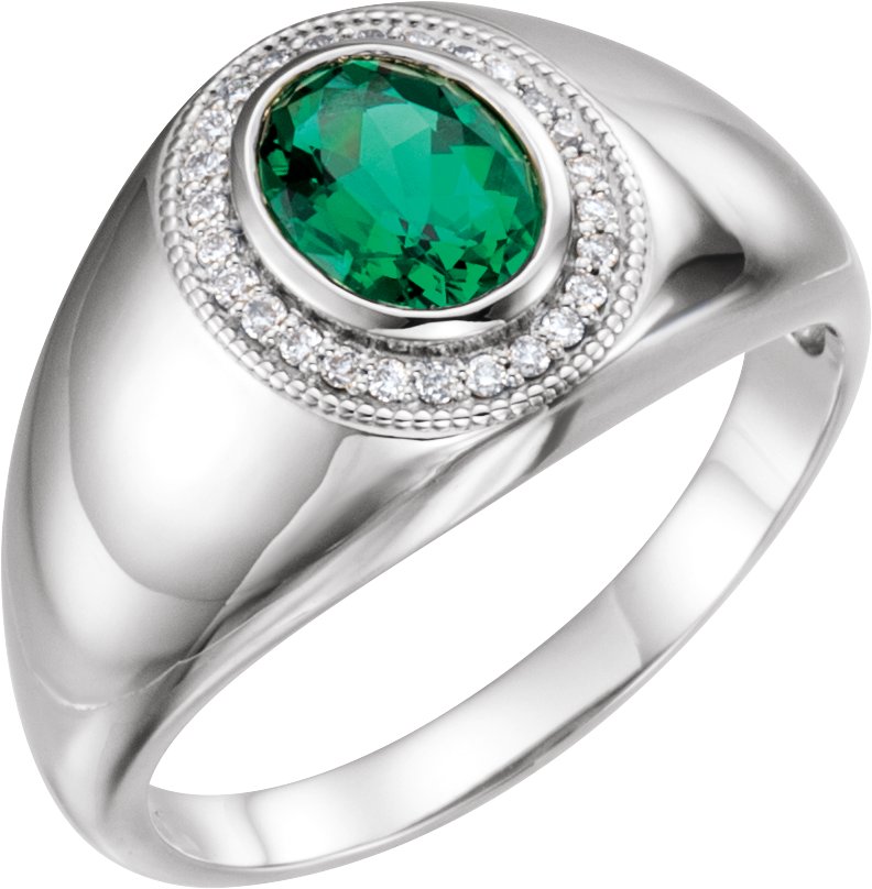 14K White Lab-Grown Emerald & 1/8 CTW Diamond Halo-Style Ring