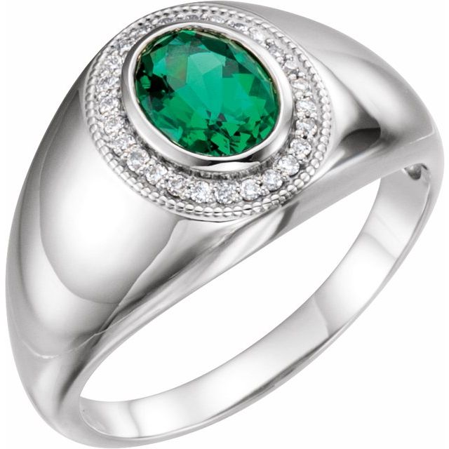 Platinum Lab-Grown Emerald & 1/8 CTW Natural Diamond Halo-Style Ring