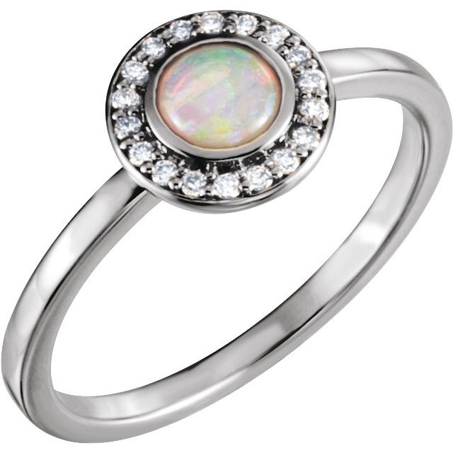 14K White Natural White Opal & .07 CTW Natural Diamond Halo-Style Ring
