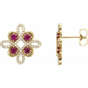 14K Yellow Chatham® Created Ruby & 1/4 CTW Diamond Earrings     