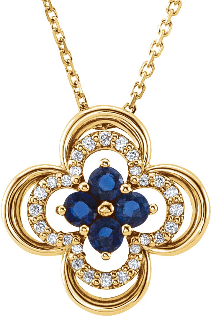 14K Yellow Natural Blue Sapphire & 1/10 CTW Natural Diamond Clover 18" Necklace