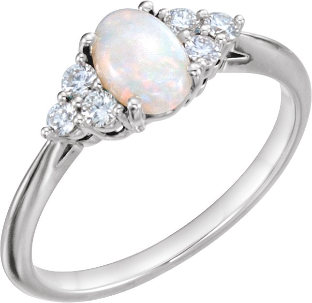 14K White Natural Opal & 1/5 CTW Natural Diamond Ring