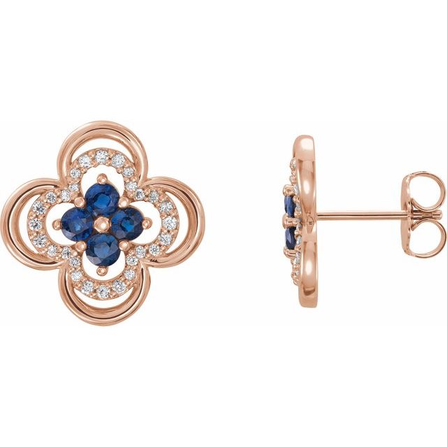 14K Rose Natural Blue Sapphire & 1/5 CTW Natural Diamond Clover Earrings