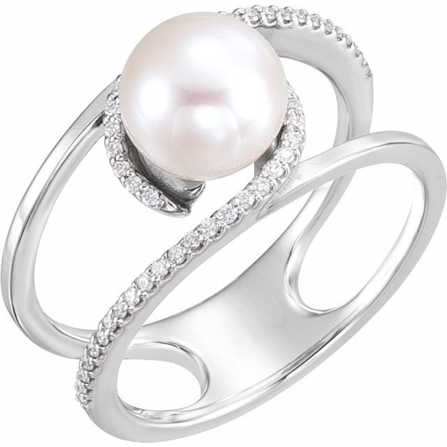 14K White Cultured White Freshwater Pearl & 1/8 CTW Natural Diamond Ring