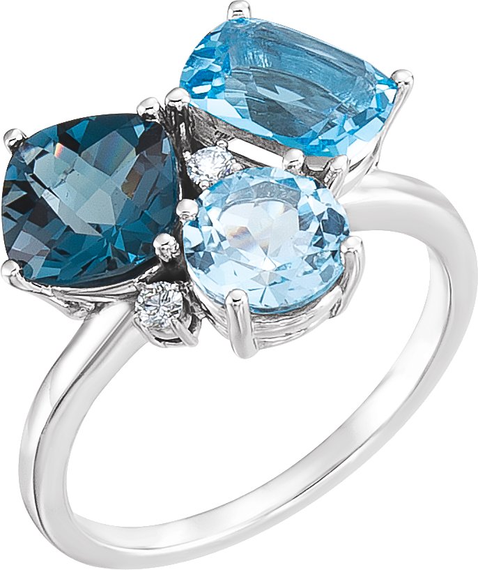 14K White Natural Swiss Blue, Natural London Blue, & Natural Sky Blue Topaz & .05 CTW Natural Diamond Ring