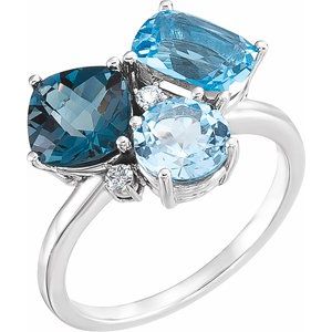14K White Natural Swiss Blue, Natural London Blue, & Natural Sky Blue Topaz & .05 CTW Natural Diamond Ring
