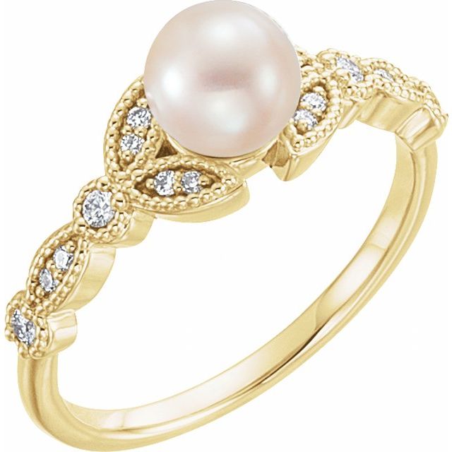 14K Yellow Cultured White Freshwater Pearl & 1/10 CTW Natural Diamond Leaf Ring