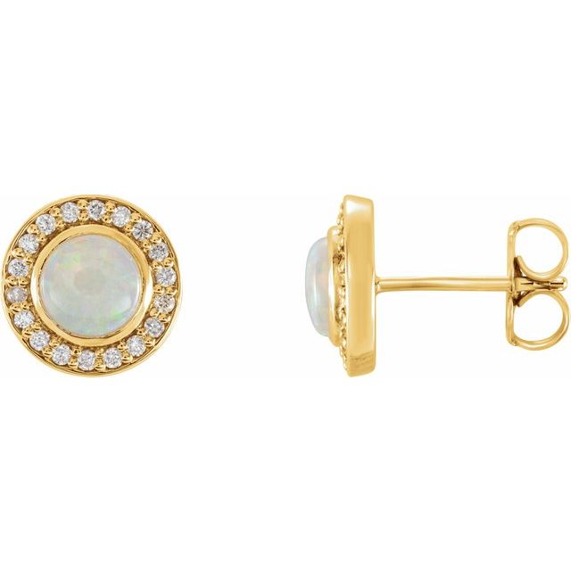 14K Yellow 5 mm Natural White Opal & 1/6 CTW Natural Diamond Halo-Style Earrings