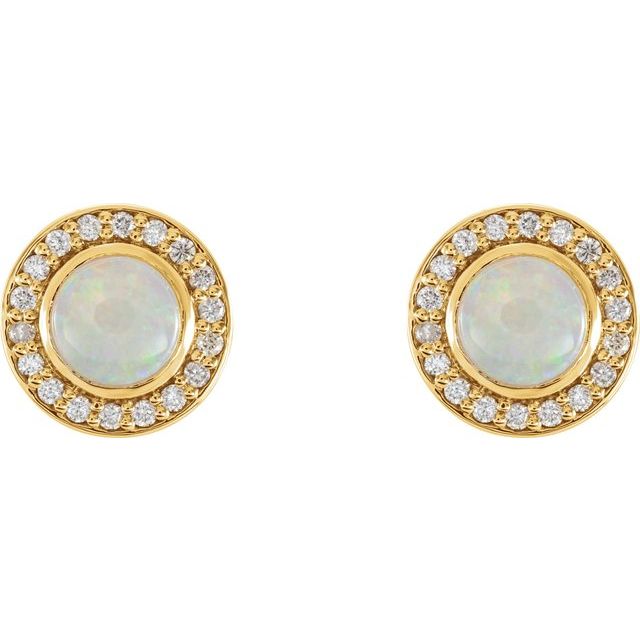 14K Yellow 5 mm Natural White Opal & 1/6 CTW Natural Diamond Halo-Style Earrings