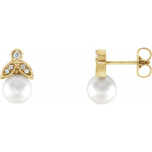 14K Yellow Cultured White Freshwater Pearl & .06 CTW Natural  Diamond Earrings