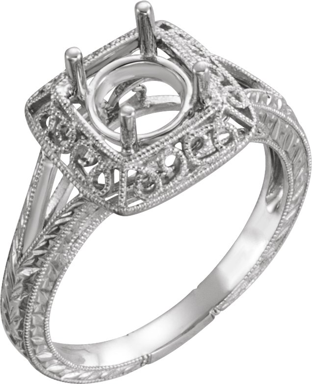 14K White 5.2 mm Round Design-Engraved Solitaire Engagement Ring Mounting