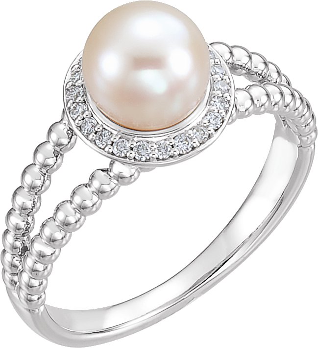 14K White Cultured White Freshwater Pearl & .08 CTW Natural Diamond Halo-Style Beaded Ring
