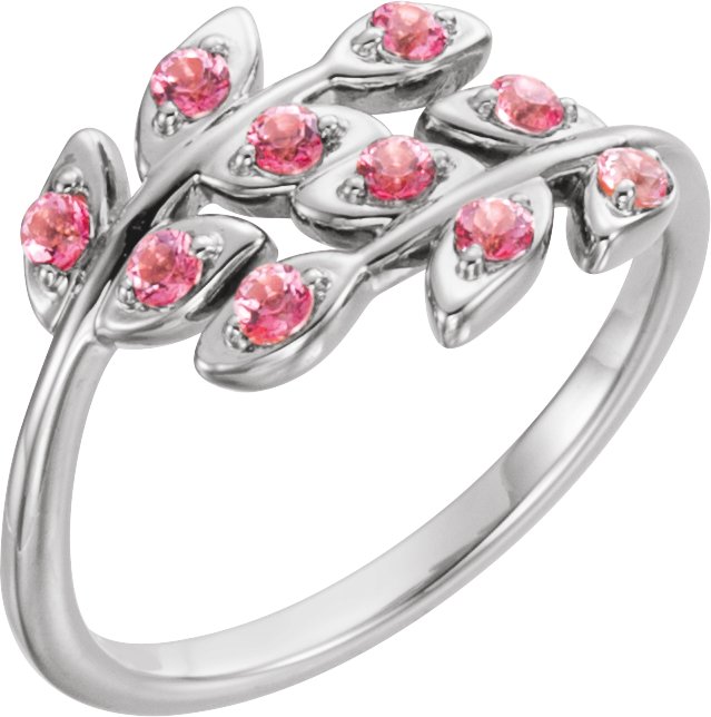 14K White Baby Pink Topaz Leaf Design Ring