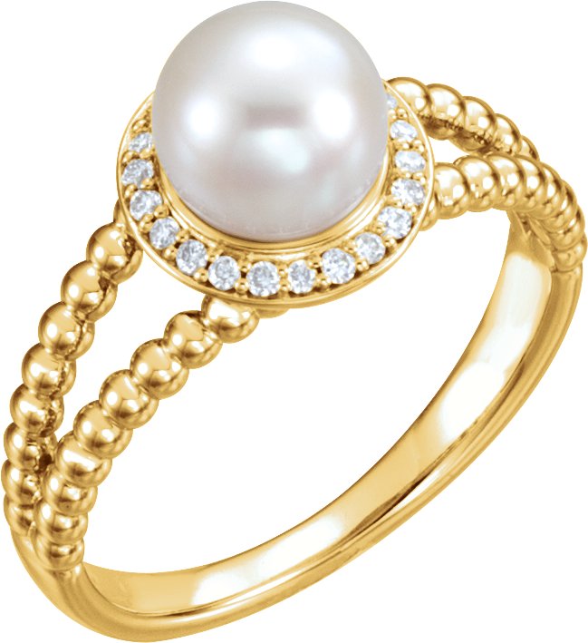 14K Yellow Cultured White Freshwater Pearl & .08 CTW Natural Diamond Halo-Style Beaded Ring